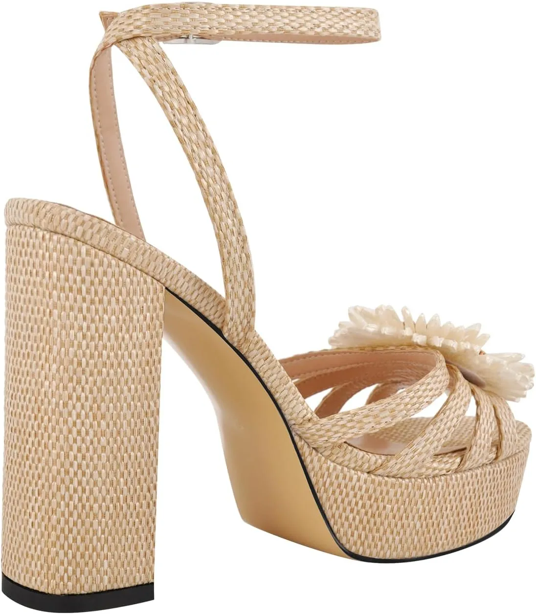 Women's Floral Platform Straw Raffia Sandals Ankle Starp Chunky Heel Peep Toe Woven