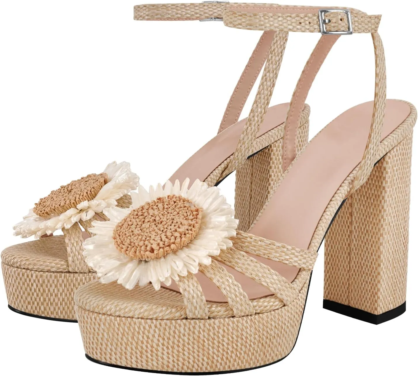 Women's Floral Platform Straw Raffia Sandals Ankle Starp Chunky Heel Peep Toe Woven