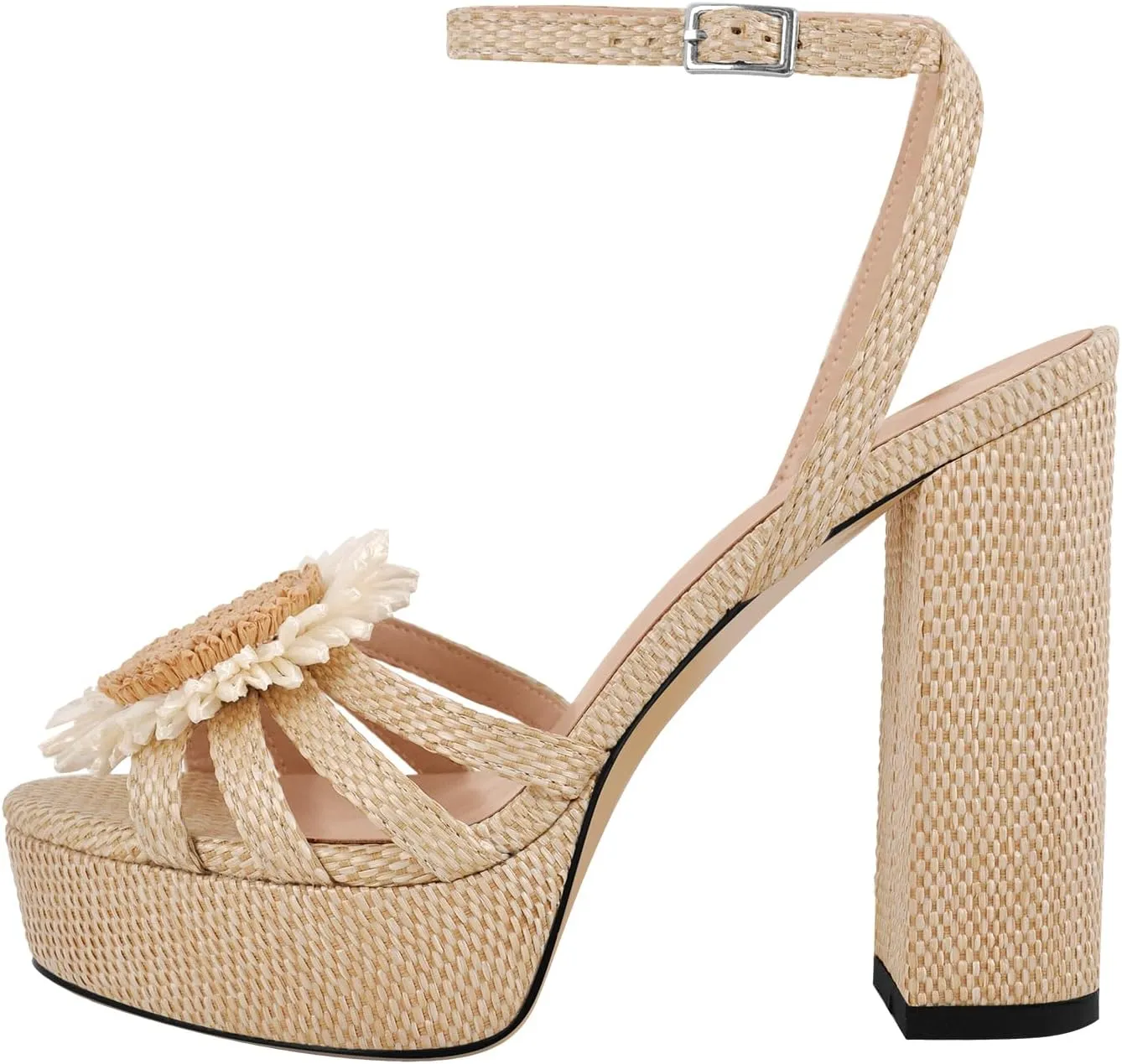 Women's Floral Platform Straw Raffia Sandals Ankle Starp Chunky Heel Peep Toe Woven