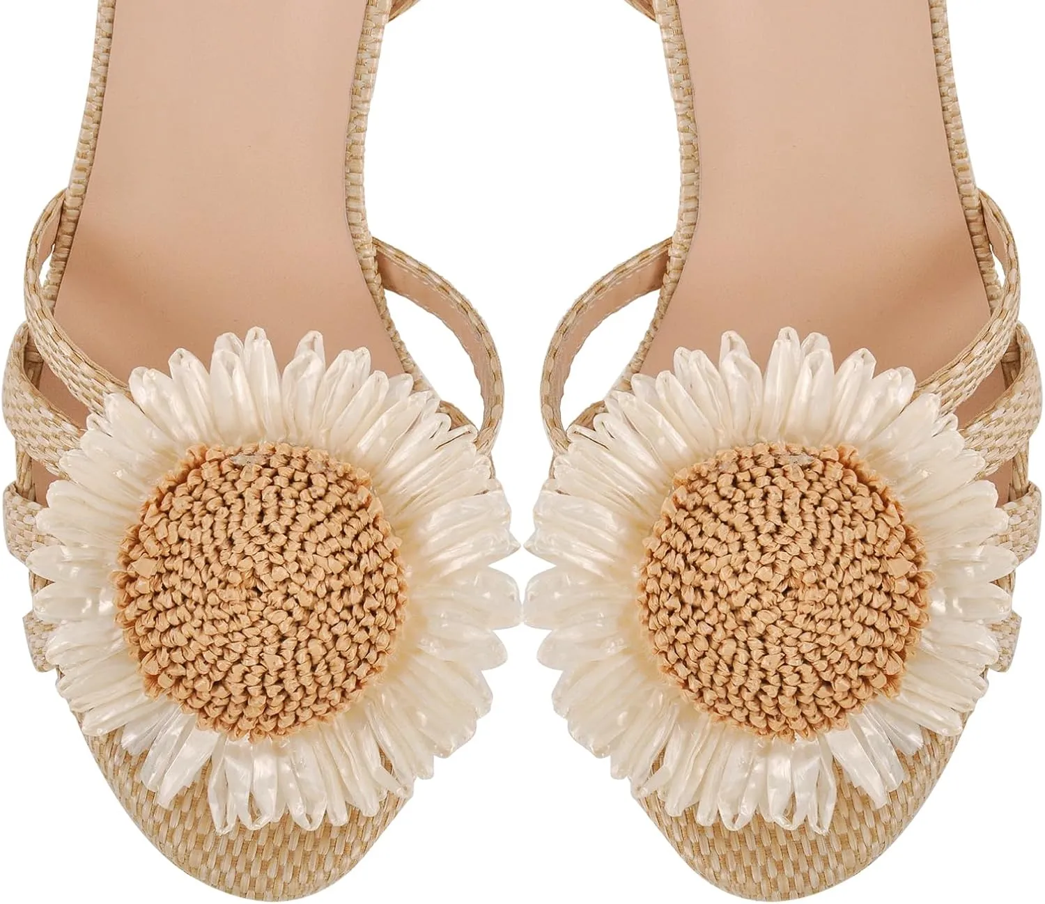 Women's Floral Platform Straw Raffia Sandals Ankle Starp Chunky Heel Peep Toe Woven