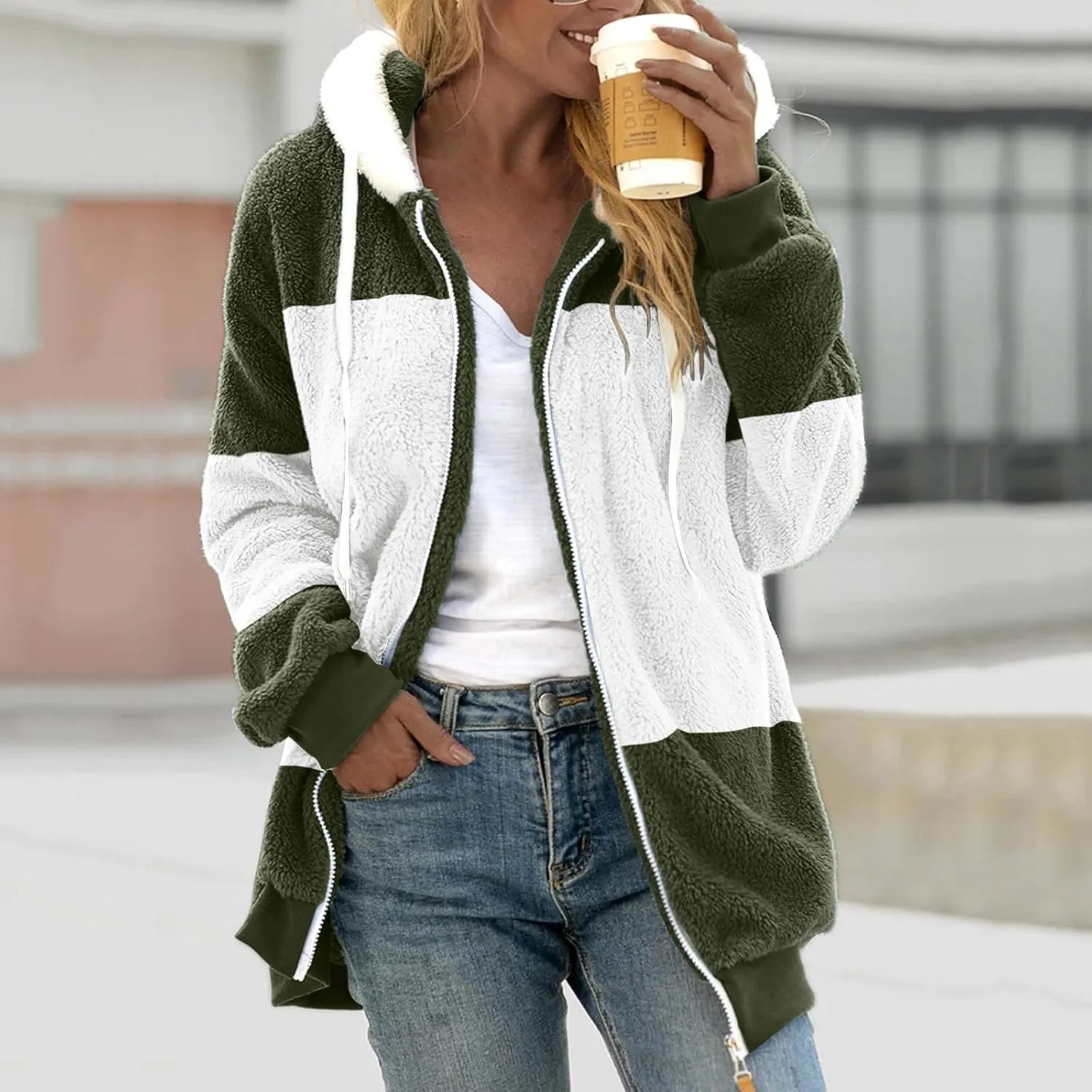 Womens Fuzzy Fleece Jacket Casual Color Block Zip Up Hoodies Winter Warm Sherpa Coats Long Sleeve Outerwear