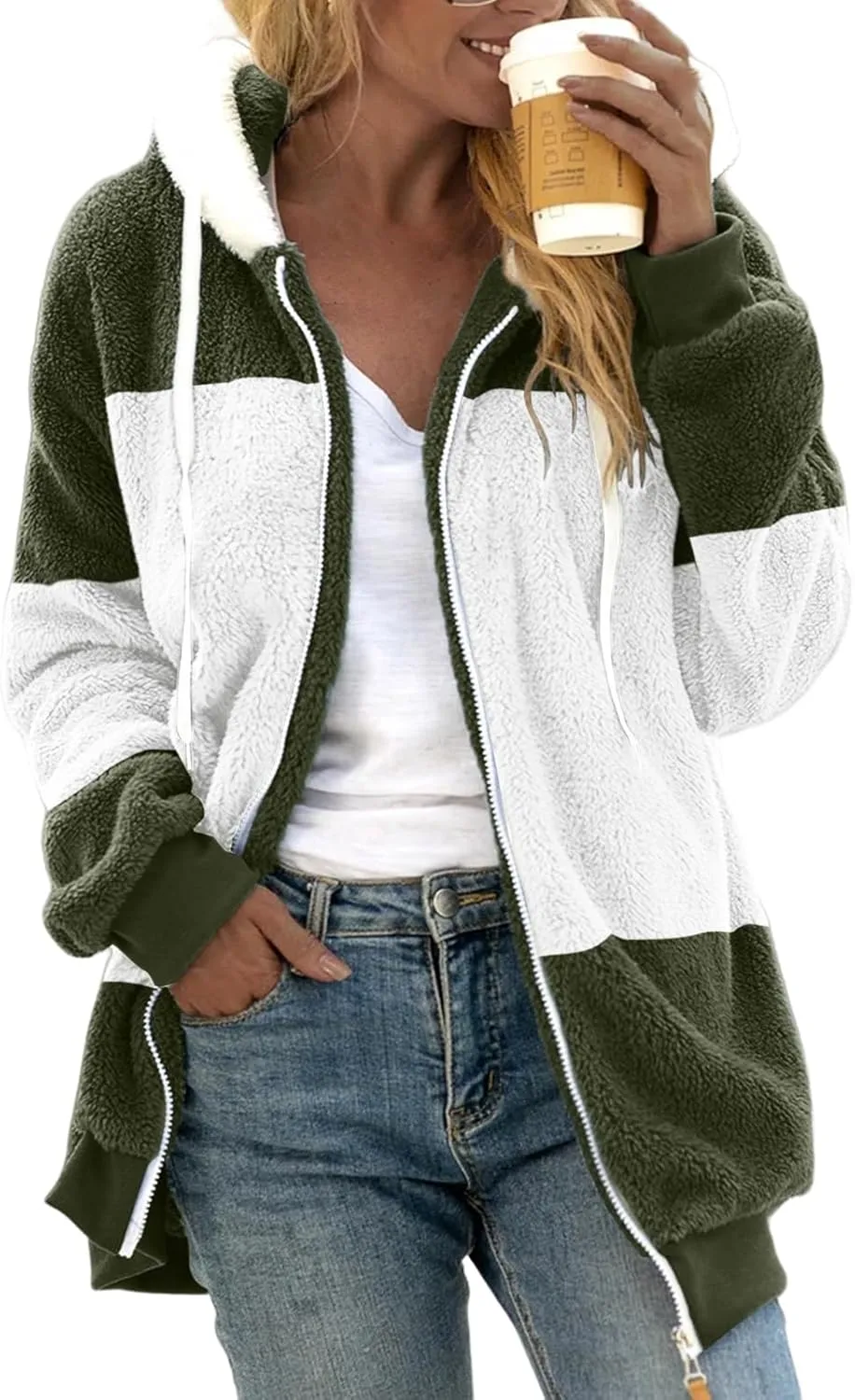 Womens Fuzzy Fleece Jacket Casual Color Block Zip Up Hoodies Winter Warm Sherpa Coats Long Sleeve Outerwear