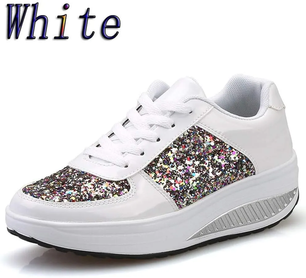 Women's Glitter Platform Wedge Sneaker with Arch Support Lace Up Walking Shoes Sparkly Sequin Lightweight Non Slip Casual Sneakers