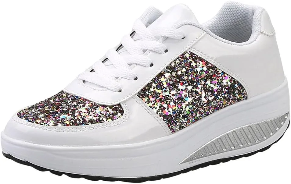 Women's Glitter Platform Wedge Sneaker with Arch Support Lace Up Walking Shoes Sparkly Sequin Lightweight Non Slip Casual Sneakers