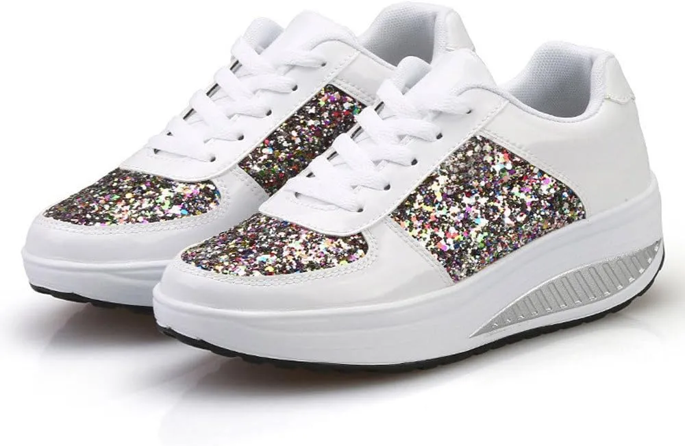 Women's Glitter Platform Wedge Sneaker with Arch Support Lace Up Walking Shoes Sparkly Sequin Lightweight Non Slip Casual Sneakers