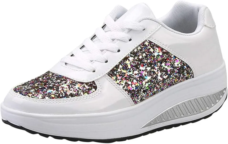 Women's Glitter Platform Wedge Sneaker with Arch Support Lace Up Walking Shoes Sparkly Sequin Lightweight Non Slip Casual Sneakers