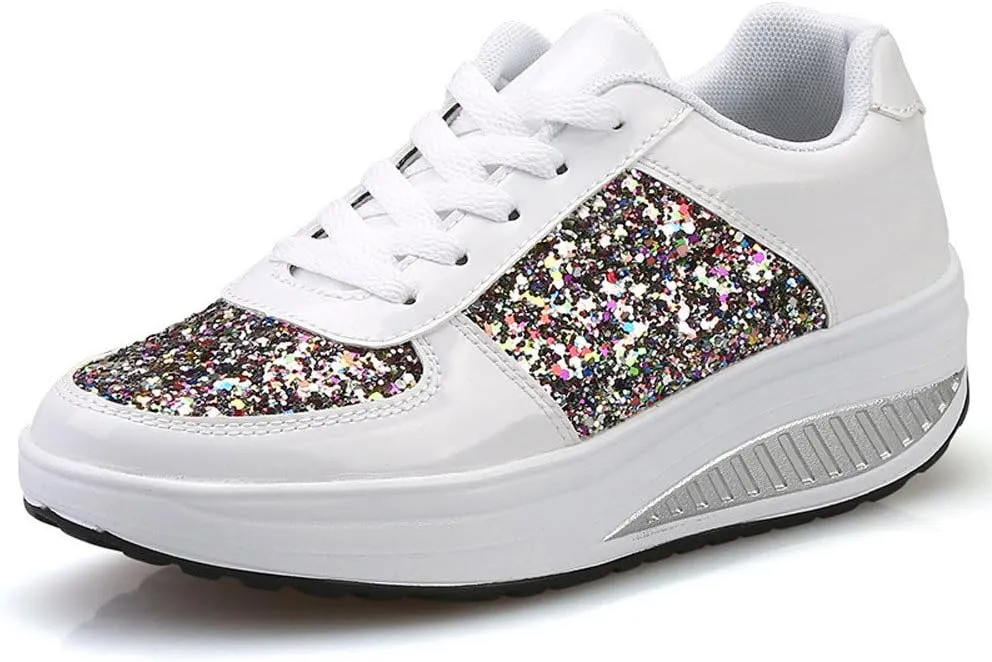 Women's Glitter Platform Wedge Sneaker with Arch Support Lace Up Walking Shoes Sparkly Sequin Lightweight Non Slip Casual Sneakers