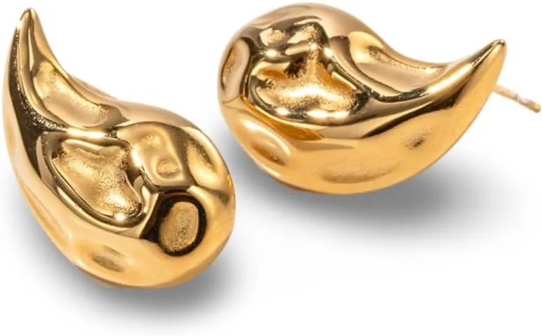 Women's Gold-Plated Stainless Steel Hammered Teardrop Stud Earrings, Abstract Curved Design