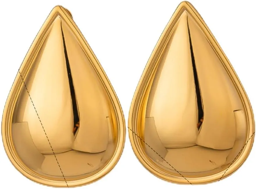 Women's Gold Plated Stainless Steel Water Drop Stud Earrings, Glossy Convex Minimalist Design