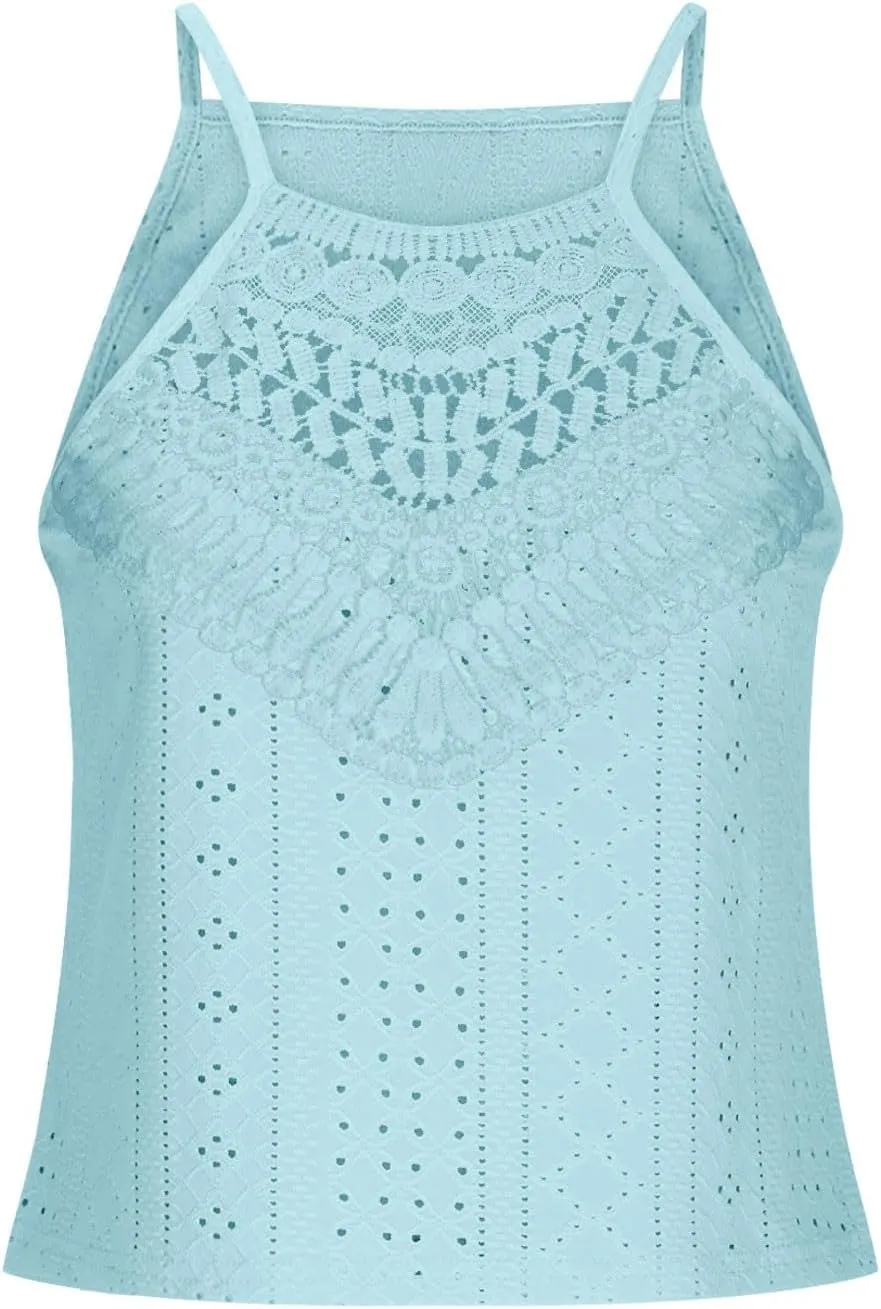 Womens Lace Eyelet Crop Tank Top Halter High Neck Sleeveless Casual Dressy Going Out Summer Tops Tees