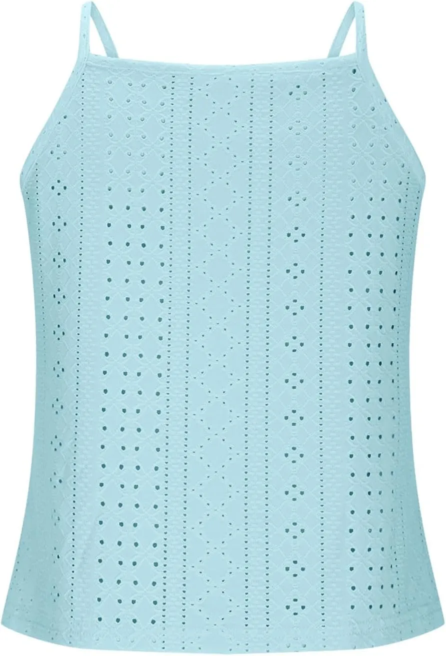 Womens Lace Eyelet Crop Tank Top Halter High Neck Sleeveless Casual Dressy Going Out Summer Tops Tees