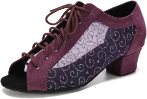 Women's Lace-up Ballroom Latin Dance Shoes Peep Toe Salsa Tango Dance Practice Shoes Low Heel