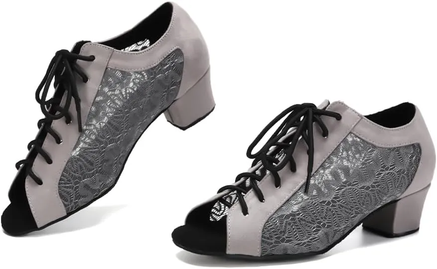 Women's Lace-up Ballroom Latin Dance Shoes Peep Toe Salsa Tango Dance Practice Shoes Low Heel