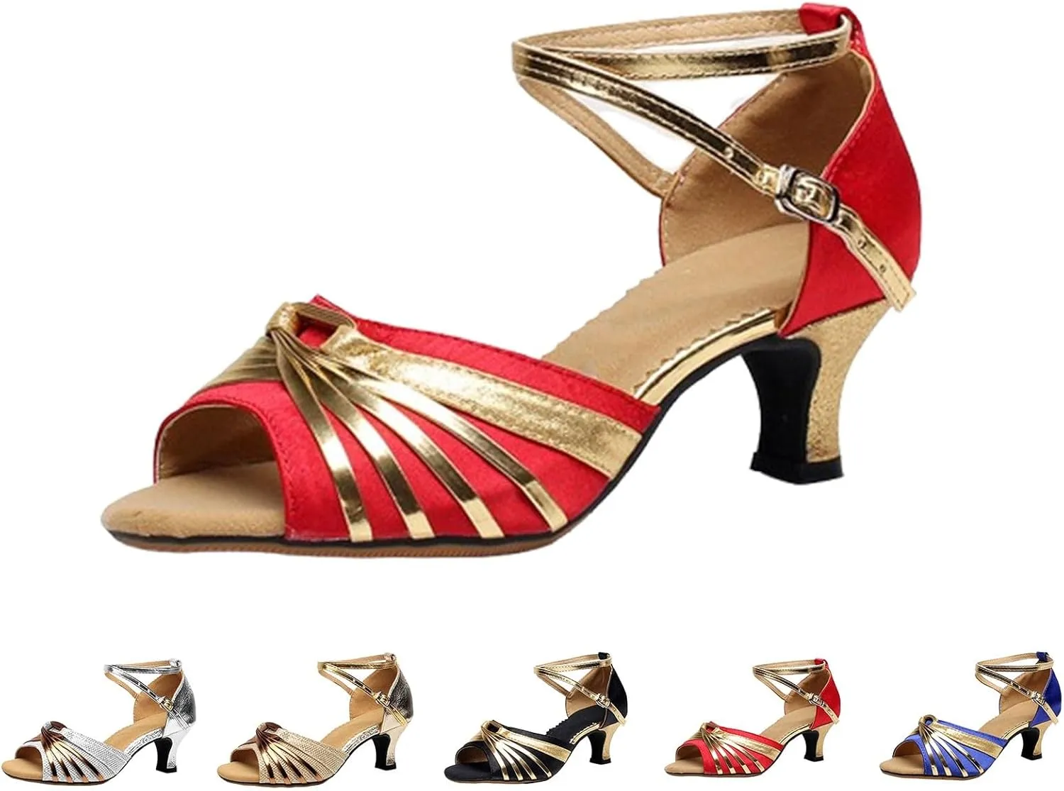 Womens Latin Dance Shoes Heeled Ballroom Tango Party Performance Sequin Dance Shoes Ankle Strap Mid Heel Sandals Comfortable Fish Mouth Pumps