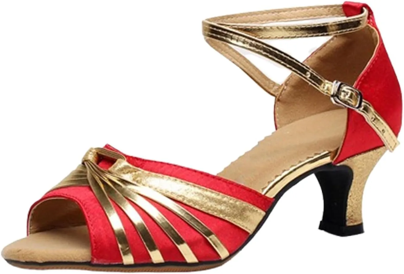 Womens Latin Dance Shoes Heeled Ballroom Tango Party Performance Sequin Dance Shoes Ankle Strap Mid Heel Sandals Comfortable Fish Mouth Pumps