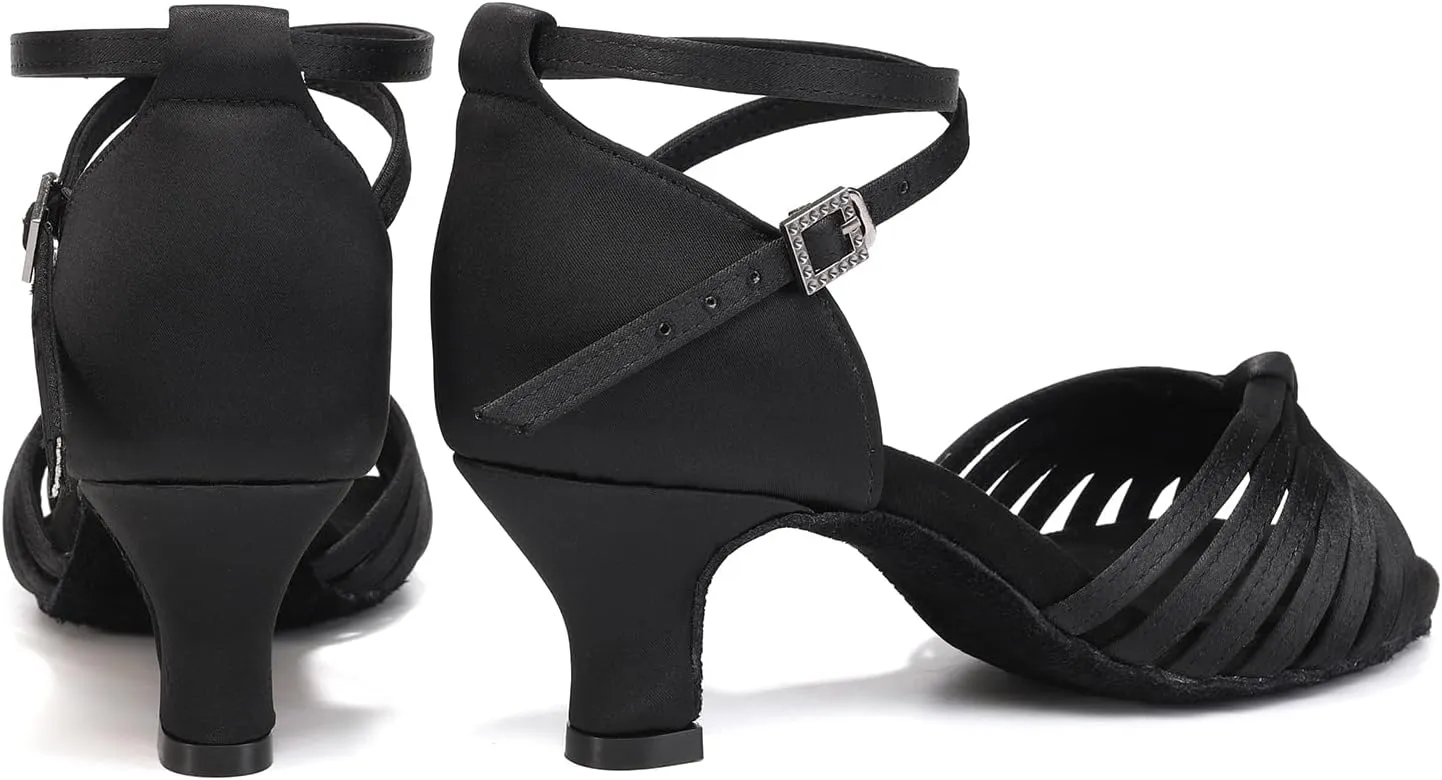 Women's Latin Dance Shoes Satin Open Toe Professional Practice Ballroom Salsa Dancing Shoes 5cm Heel