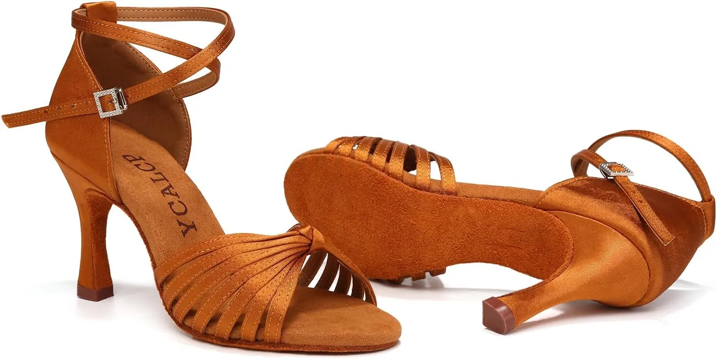 Women's Latin Dance Shoes Satin Open Toe Professional Practice Ballroom Salsa Dancing Shoes 9cm Heel