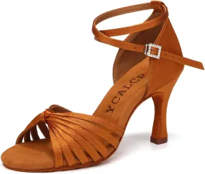 Women's Latin Dance Shoes Satin Open Toe Professional Practice Ballroom Salsa Dancing Shoes 9cm Heel