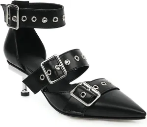 Women's Leather Buckle Closed Pointed Toe Stilettos Metal Heel Y2k Pumps with Adjustable Ankle Buckle Sexy Studded Buckle Decor Non-Slip Backless High Heel Gothic Punk Dress Sandals