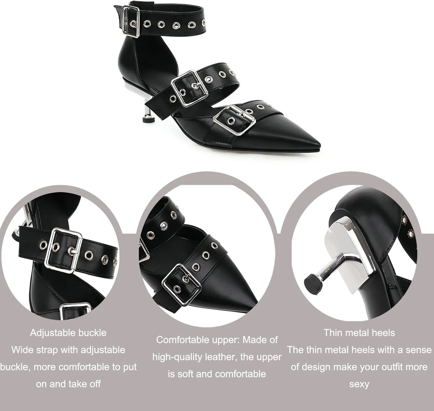 Women's Leather Buckle Closed Pointed Toe Stilettos Metal Heel Y2k Pumps with Adjustable Ankle Buckle Sexy Studded Buckle Decor Non-Slip Backless High Heel Gothic Punk Dress Sandals