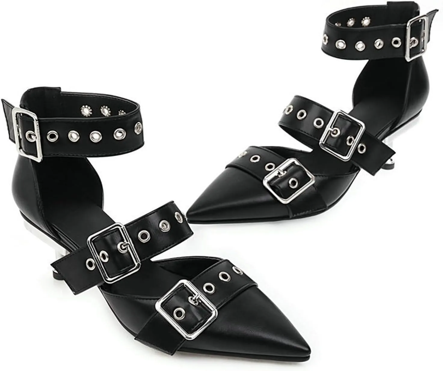 Women's Leather Buckle Closed Pointed Toe Stilettos Metal Heel Y2k Pumps with Adjustable Ankle Buckle Sexy Studded Buckle Decor Non-Slip Backless High Heel Gothic Punk Dress Sandals