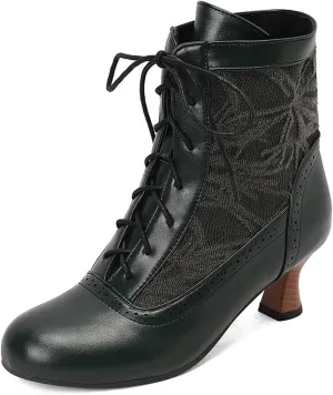Women's Leather Lace up Victorian Kitten Heel Ankle Boots Comfortable Round Toe Embroidered Breathable Non Slip Vintage Booties for Party Prom Evening Witch Boots