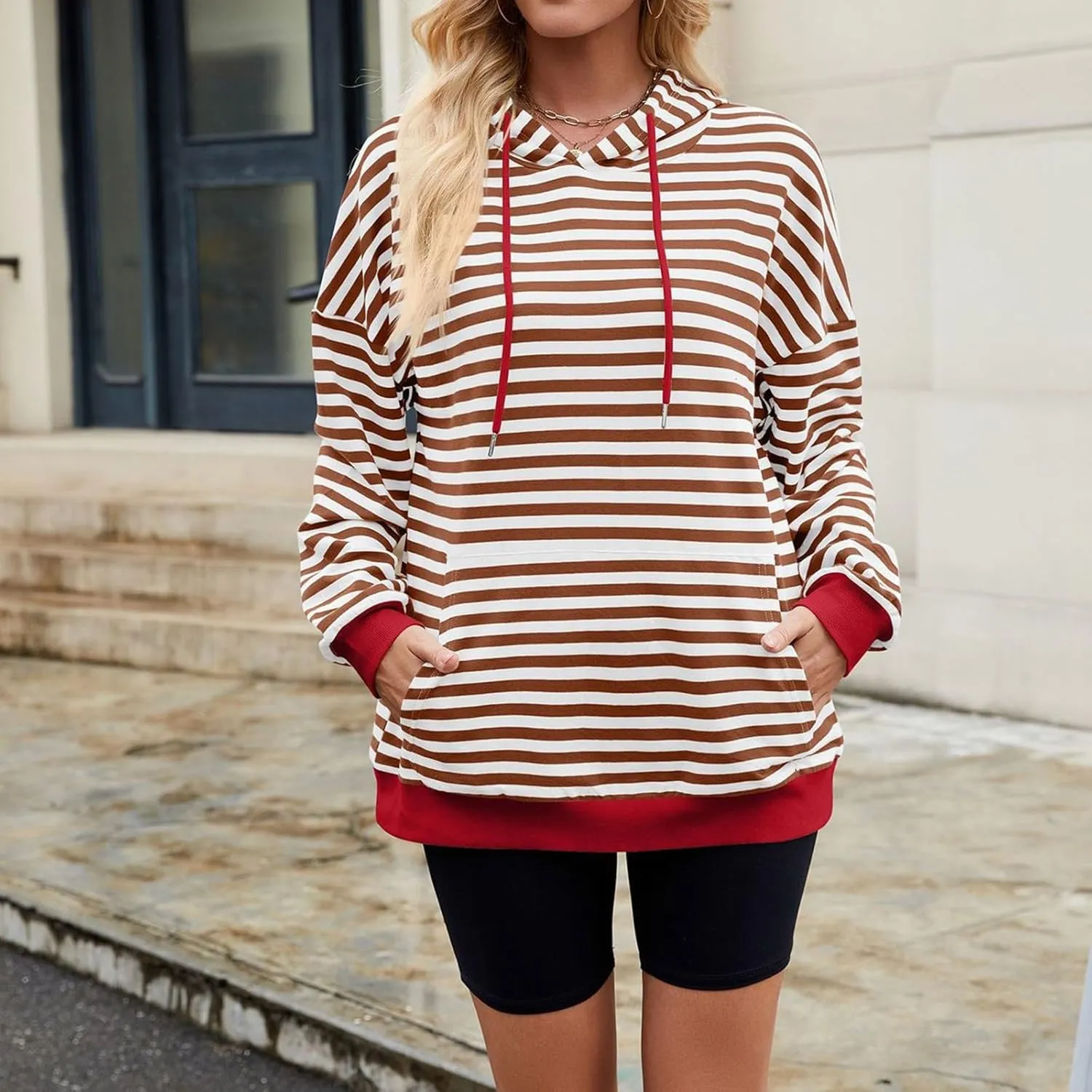 Womens Loose Striped Pullovers 2024 Fall Trendy Oversized Long Sleeve Hooded Sports Sweatshirt Casual Workout Hoodie