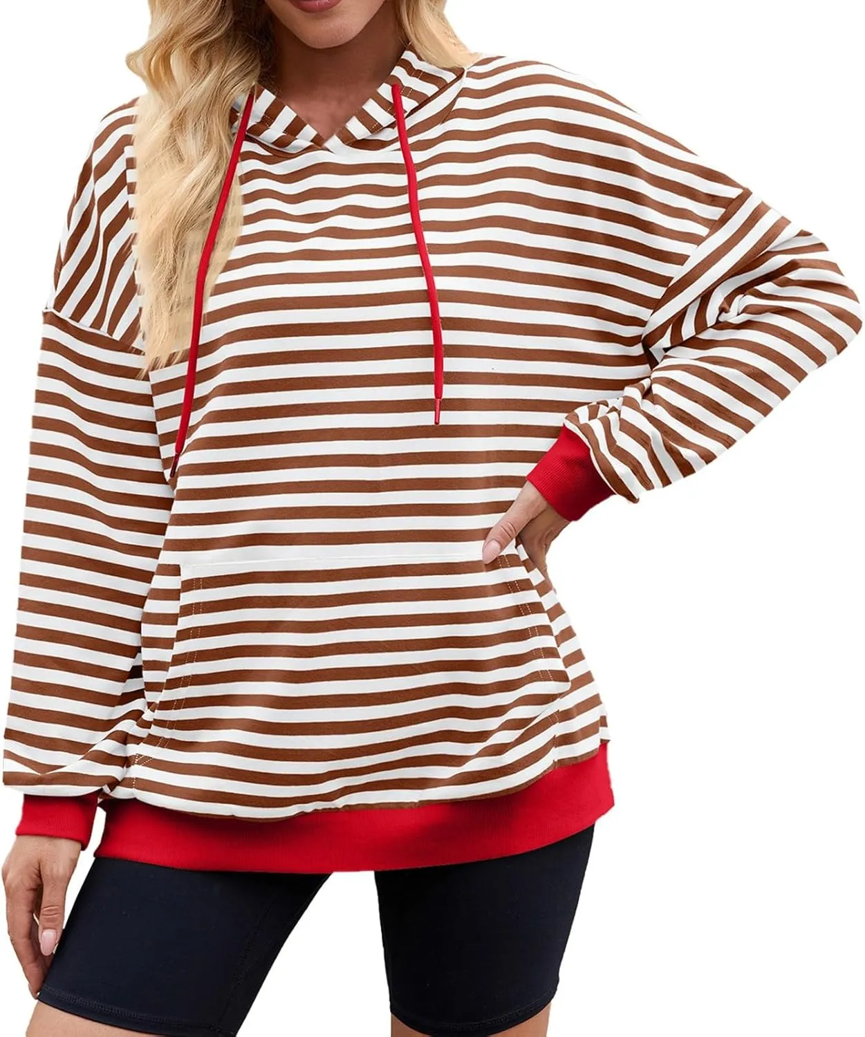 Womens Loose Striped Pullovers 2024 Fall Trendy Oversized Long Sleeve Hooded Sports Sweatshirt Casual Workout Hoodie