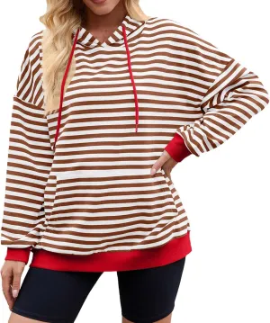 Womens Loose Striped Pullovers 2024 Fall Trendy Oversized Long Sleeve Hooded Sports Sweatshirt Casual Workout Hoodie
