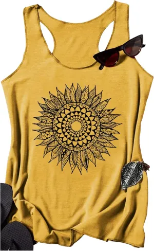 Womens Mandala Vintage Graphic Racerback Tank Tops Summer Casual Loose O-Neck Tanks Vest Vacation Classic-Fit Shirt Cami