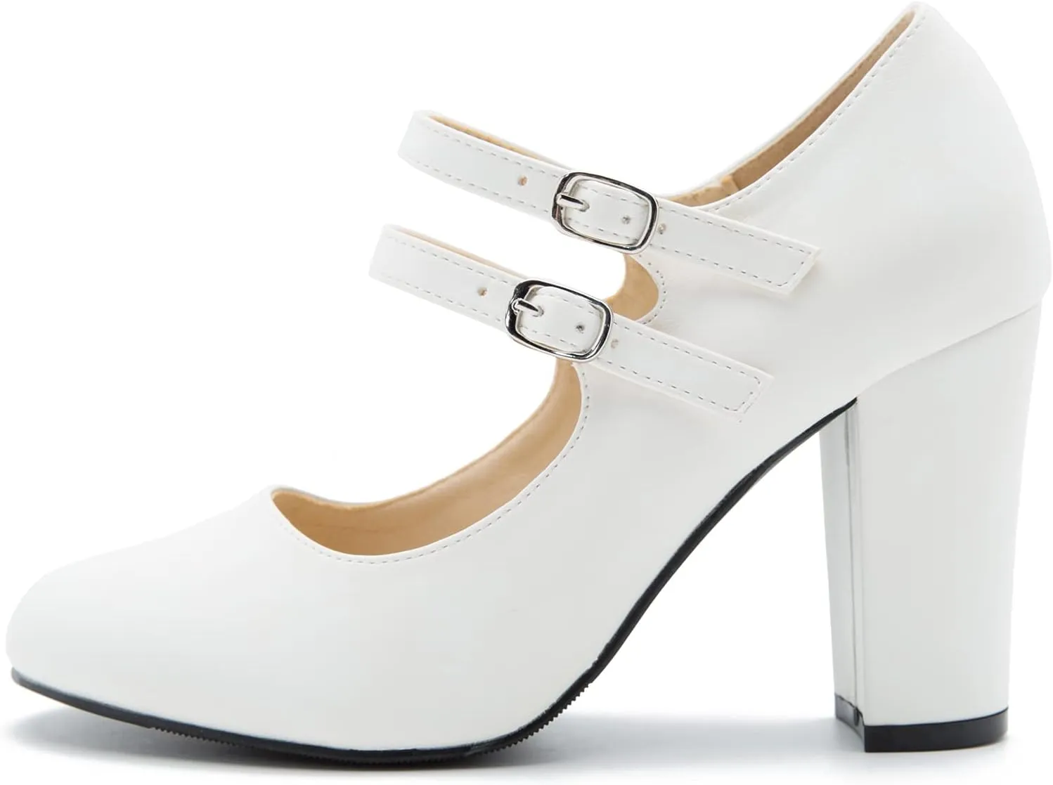 Women's Mary Jane Dress Shoes Double Strap Closed Round Toe Block High Heel Pumps