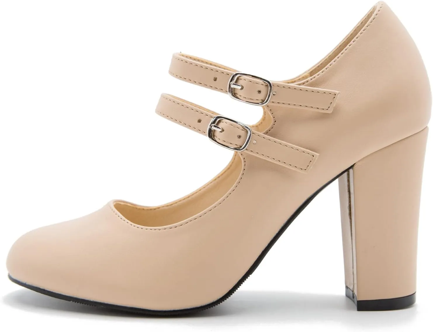 Women's Mary Jane Dress Shoes Double Strap Closed Round Toe Block High Heel Pumps