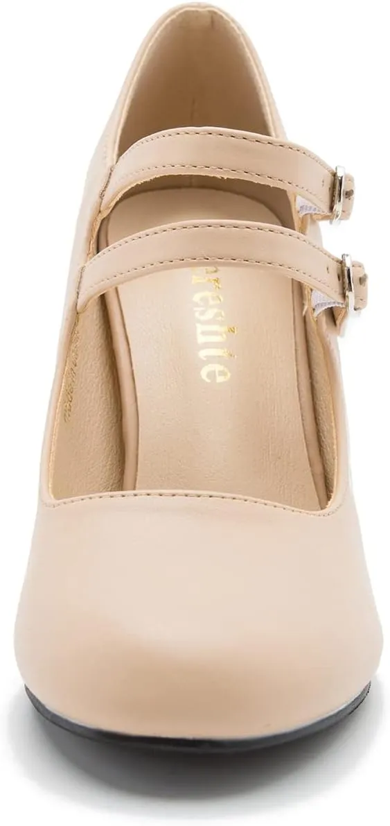 Women's Mary Jane Dress Shoes Double Strap Closed Round Toe Block High Heel Pumps