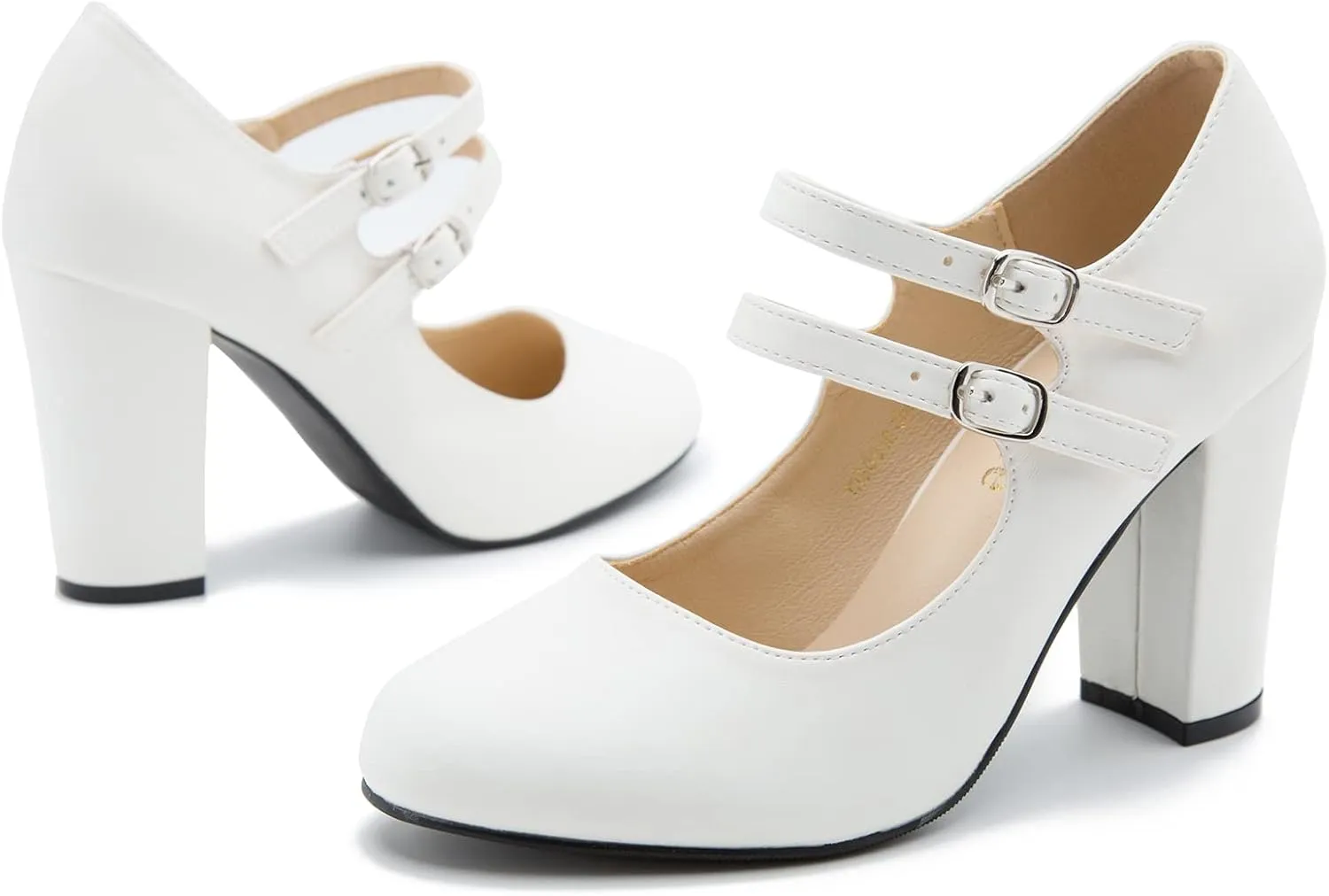 Women's Mary Jane Dress Shoes Double Strap Closed Round Toe Block High Heel Pumps