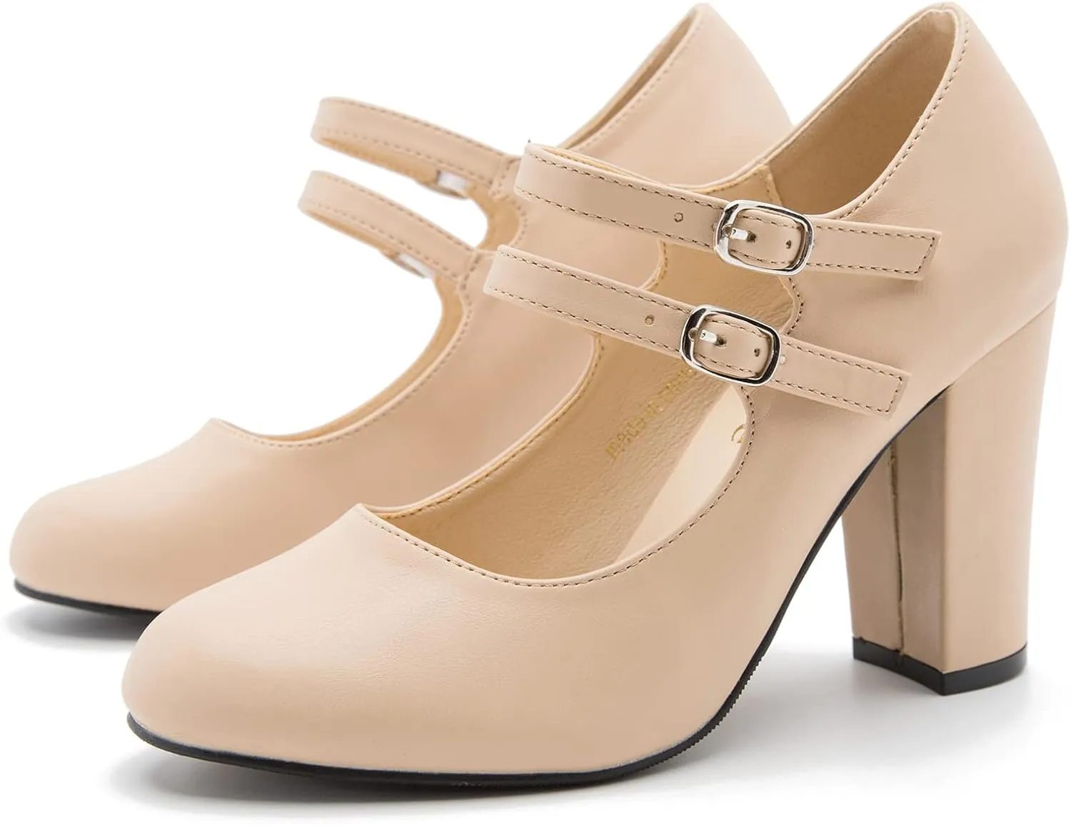 Women's Mary Jane Dress Shoes Double Strap Closed Round Toe Block High Heel Pumps