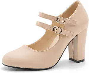 Women's Mary Jane Dress Shoes Double Strap Closed Round Toe Block High Heel Pumps