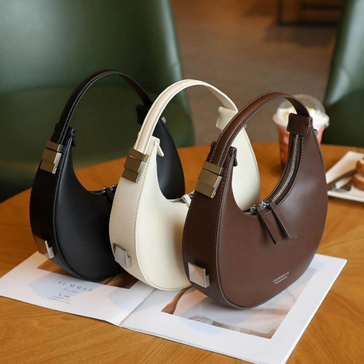 Women's Moon Bag, Half-Circle Moon Bag Armpit Bags Genuine Leather Shoulder Handbag