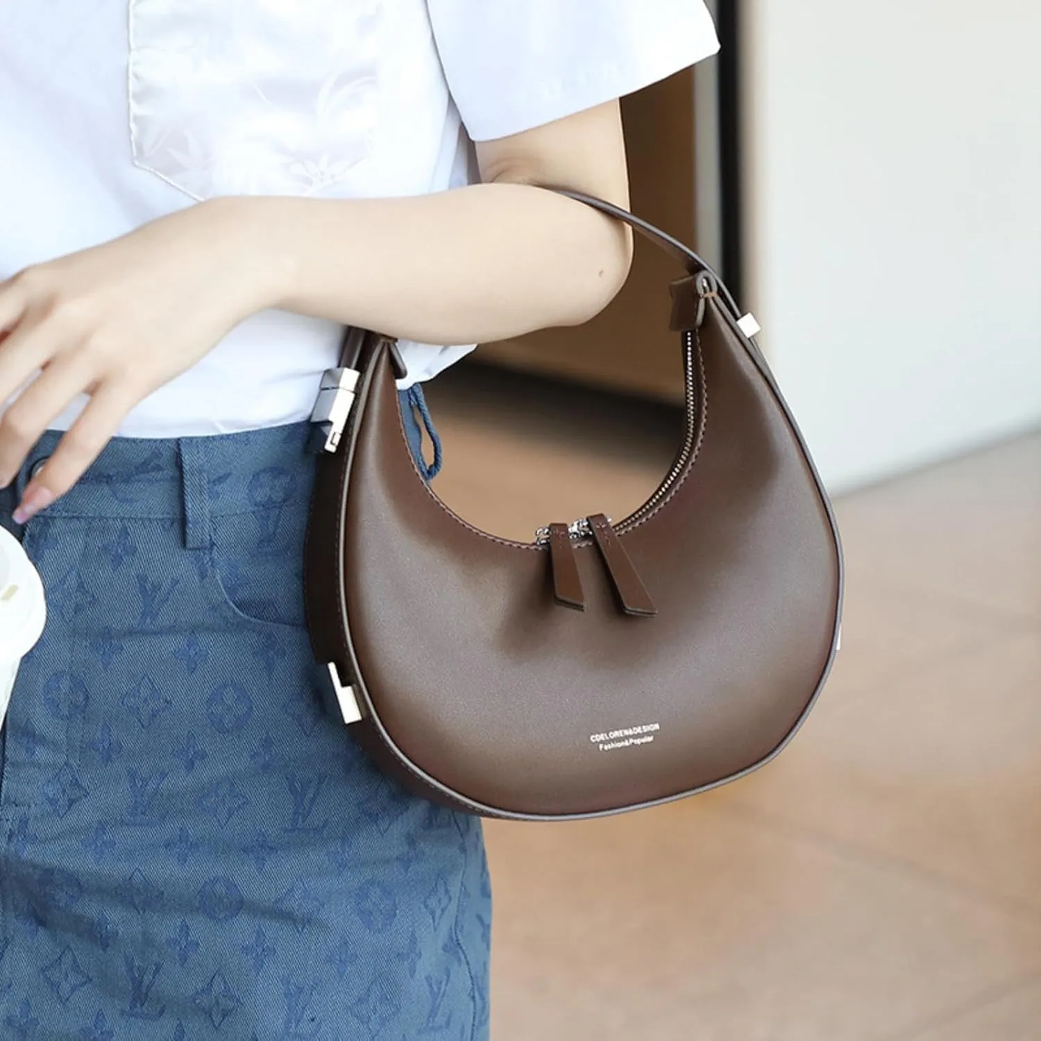 Women's Moon Bag, Half-Circle Moon Bag Armpit Bags Genuine Leather Shoulder Handbag