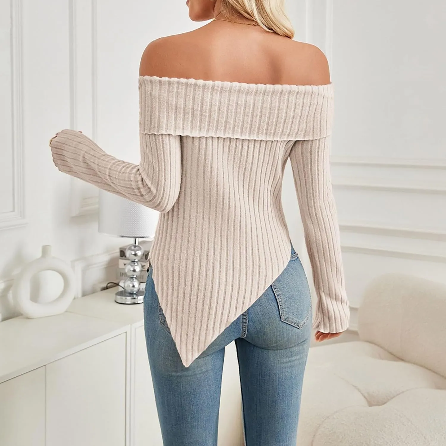 Womens Off Shoulder Sweater Tops Lettuce Trim Long Sleeve Ribbed Knit Asymmetrical Slim Fit Pullover Tee T-Shirt