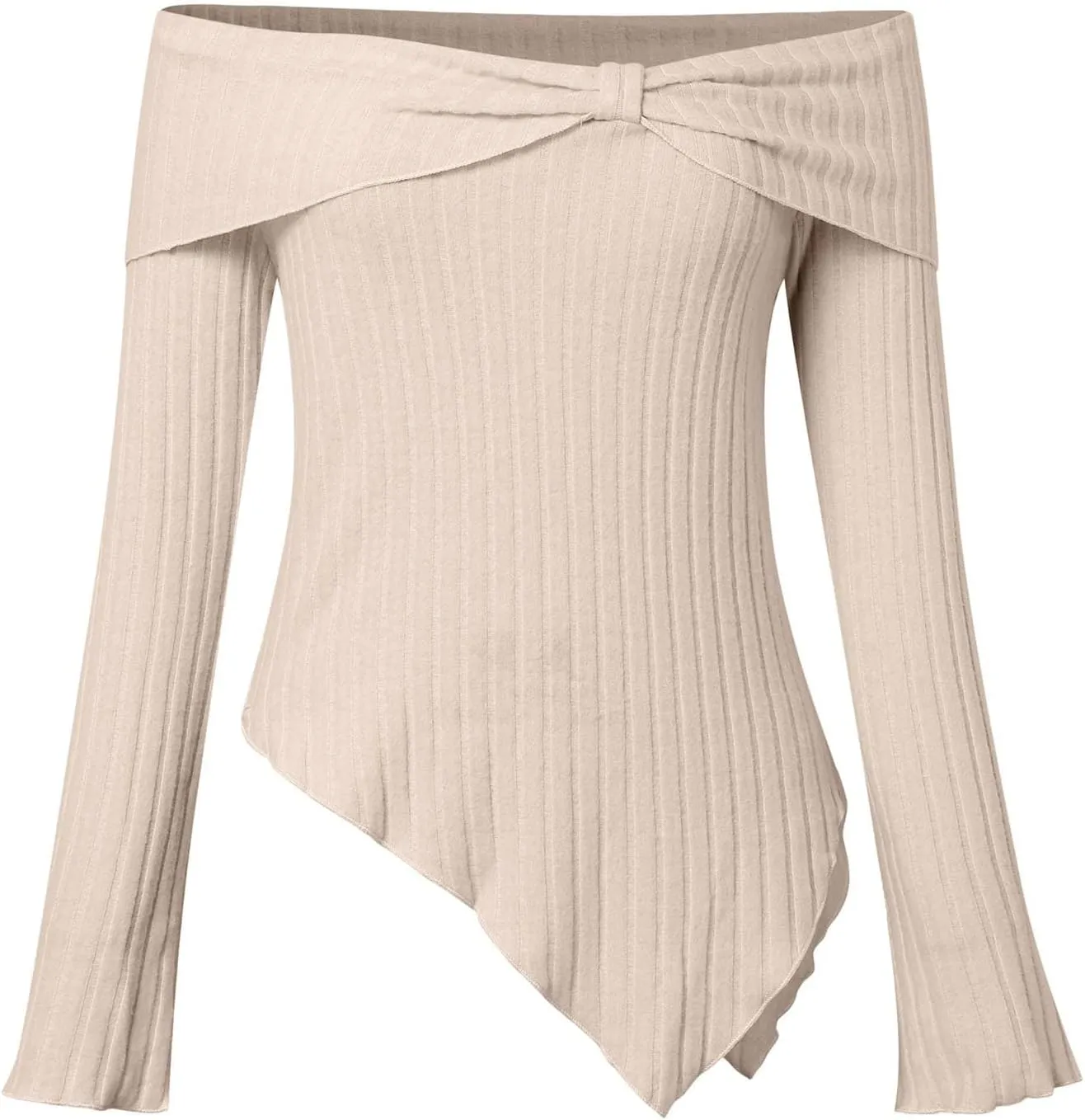 Womens Off Shoulder Sweater Tops Lettuce Trim Long Sleeve Ribbed Knit Asymmetrical Slim Fit Pullover Tee T-Shirt