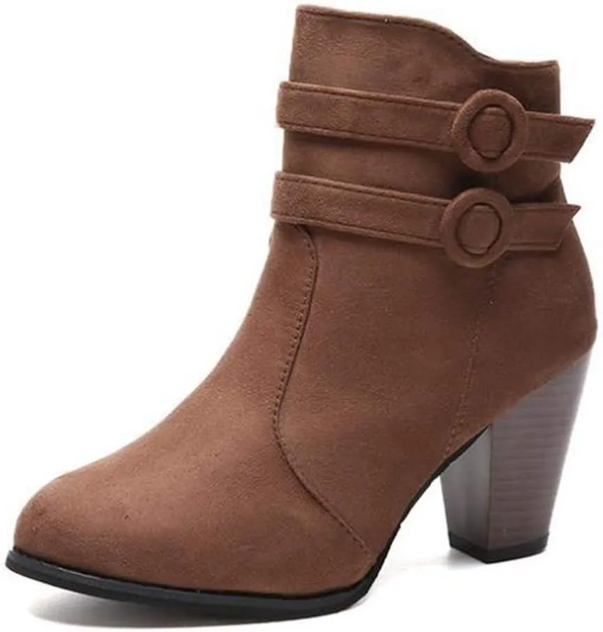 Women's Pointed Toe Suede Dress Ankle Boots Chunky Block High Heel Zipper Booties Tassel Short Boot