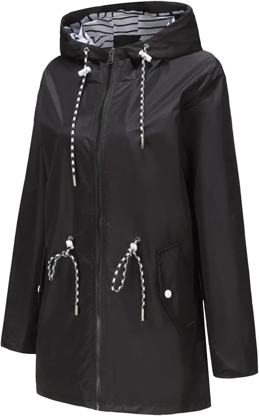 Womens Rain Jackets Waterproof with Hood Long Hooded Trench Coats Lined Windbreaker Travel Jacket
