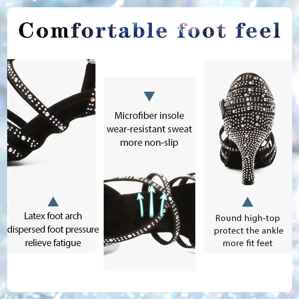 Womens Rhinestone Latin Dance Shoes Satin Open Toe Ballroom Salsa Tango Waltz Dancing Shoes,Model L377