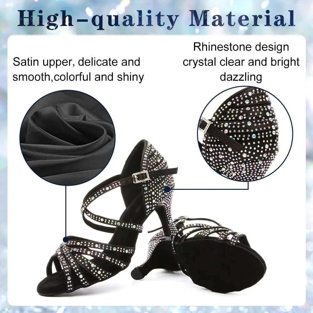 Womens Rhinestone Latin Dance Shoes Satin Open Toe Ballroom Salsa Tango Waltz Dancing Shoes,Model L377