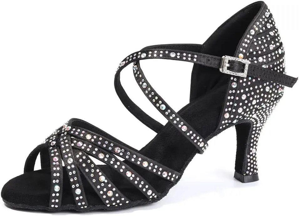 Womens Rhinestone Latin Dance Shoes Satin Open Toe Ballroom Salsa Tango Waltz Dancing Shoes,Model L377