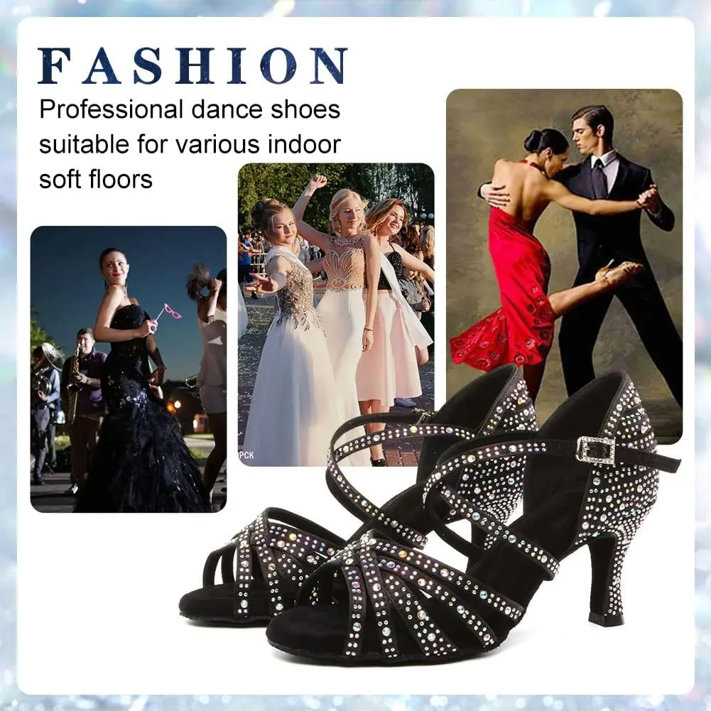 Womens Rhinestone Latin Dance Shoes Satin Open Toe Ballroom Salsa Tango Waltz Dancing Shoes,Model L377