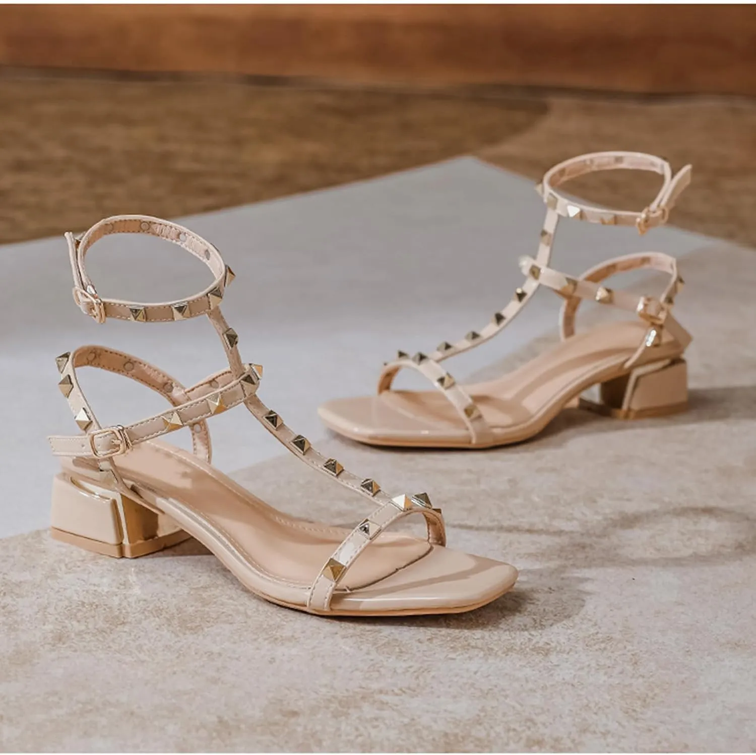 Women's Rivets Leather Chunky Block Heel Sandals with Ankle Strap Buckle Fashion Square Open Toe Comfort Sexy Gladiator Y2K Sandals for Dress Party Prom Shoes