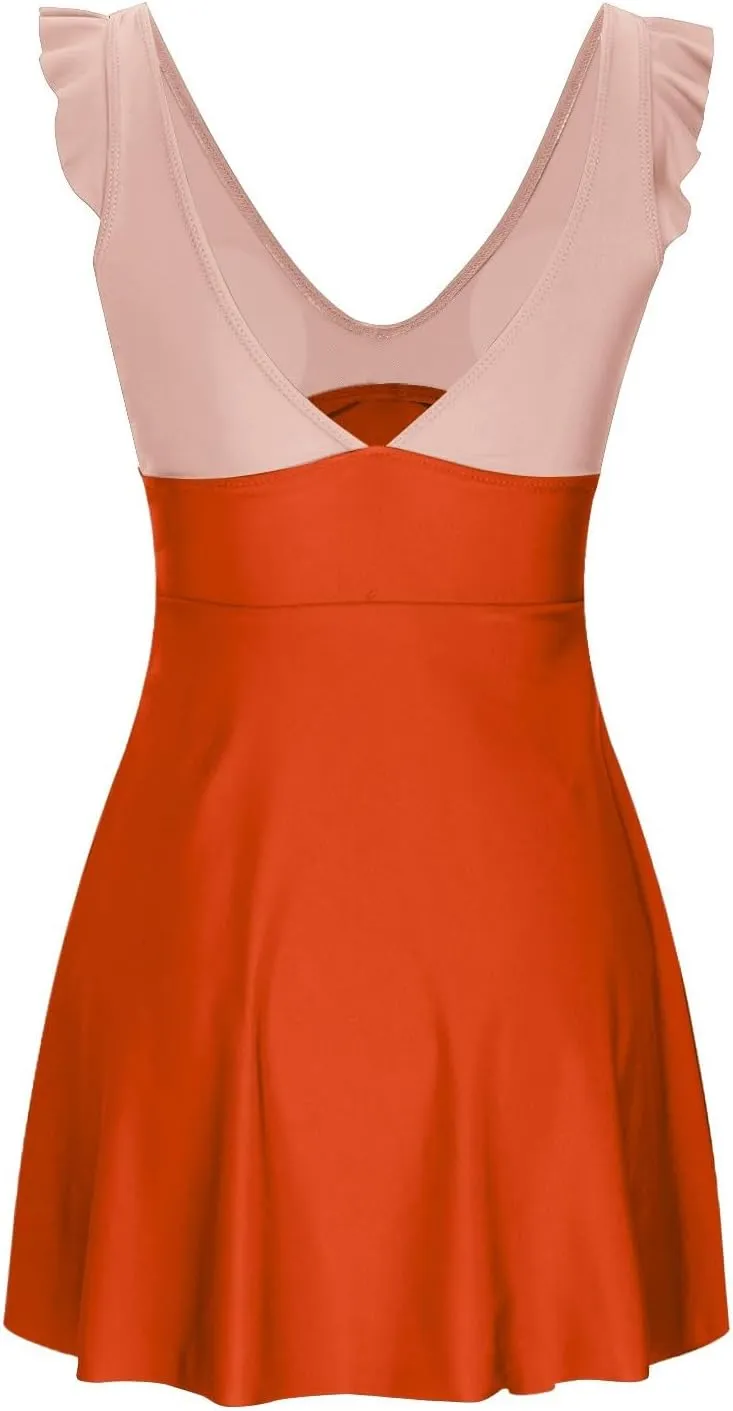 Womens Ruffle Swimdress One Piece Swimsuit Tummy Control V Neck Cutout Cross Wrap Swimwear Bathing Suits with Skirt
