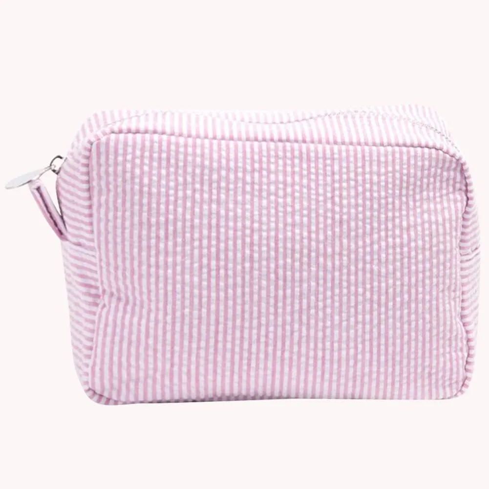 Women's Seersucker Cosmetic Bag, Large Travel Cosmetic Bag, Zipper Closure Cosmetics for Girls, Pink, One Size
