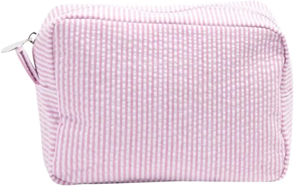 Women's Seersucker Cosmetic Bag, Large Travel Cosmetic Bag, Zipper Closure Cosmetics for Girls, Pink, One Size